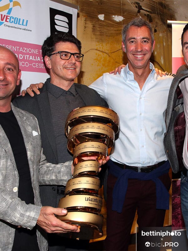 Paolo Bettini, Alessandro Spada, Paolo Kessisoglu, Matteo Gozzoli (sindaco Cesenatico), presentazione tappa Nove Colli del Giro 2020
