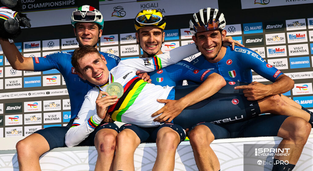 Campionati del mondo, Kigali 2025, prova in linea U23, Alessandro Borgo, Pietro MAttio, Lorenzo Finn, Simone Gualdi sul podio