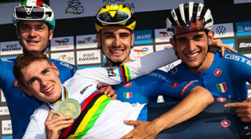 Campionati del mondo, Kigali 2025, prova in linea U23, Alessandro Borgo, Pietro MAttio, Lorenzo Finn, Simone Gualdi sul podio