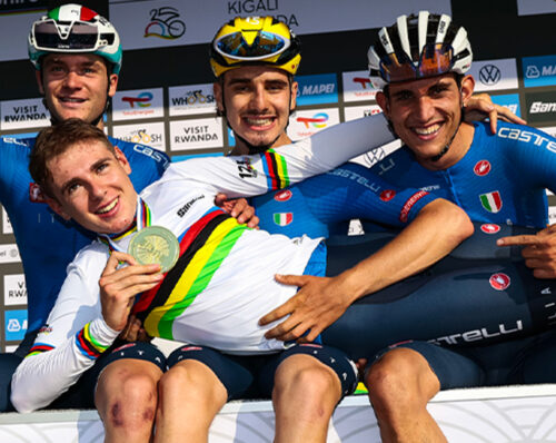Campionati del mondo, Kigali 2025, prova in linea U23, Alessandro Borgo, Pietro MAttio, Lorenzo Finn, Simone Gualdi sul podio