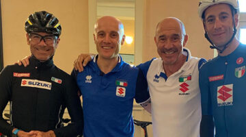 Campionati del mondo 2020, Imola, foto di gruppo per Davide Cassani, Federico Morini, Gianluca Carretta, Vincenzo Nibali