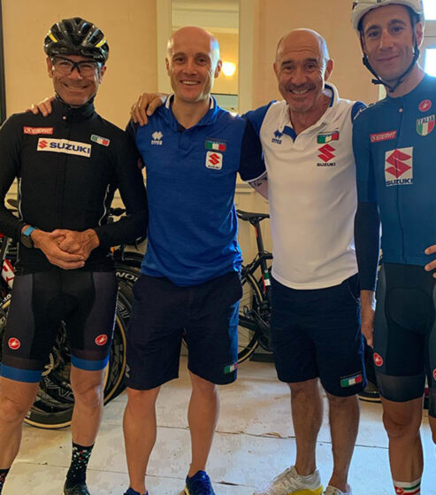Campionati del mondo 2020, Imola, foto di gruppo per Davide Cassani, Federico Morini, Gianluca Carretta, Vincenzo Nibali