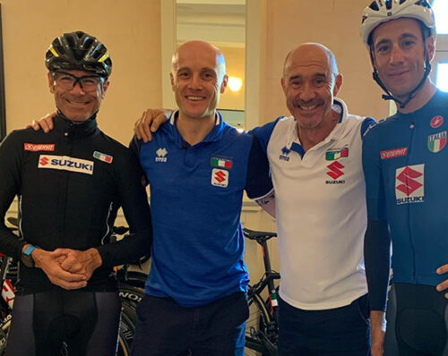 Campionati del mondo 2020, Imola, foto di gruppo per Davide Cassani, Federico Morini, Gianluca Carretta, Vincenzo Nibali