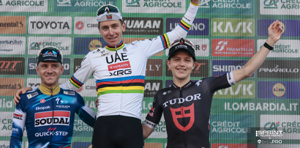 Podio Lombardia 2025, Tadej Pogacar, Remco Evenepoel e Michael Storer