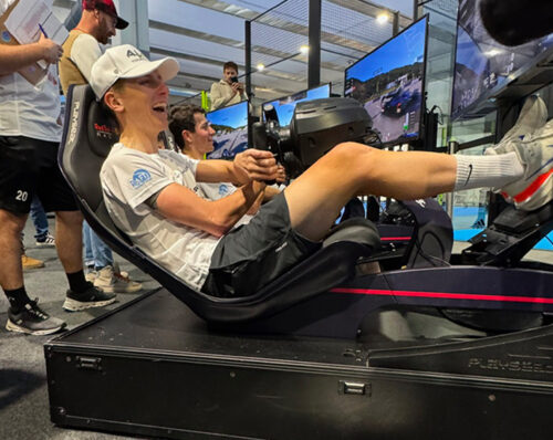 Festa A&J, Carera, 2025, Erbusco, Tadej Pogacar, simulatore contro Antonio Tiberi