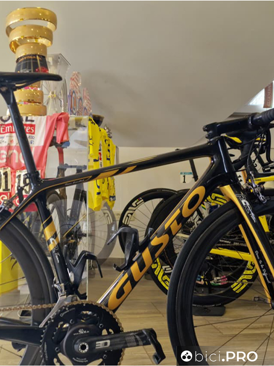 La bicic on cui Pogacar ha vinto il Tour de l'Avenir e dietro i trofei e le maglie conquistati negli anni alla UAE Emirates