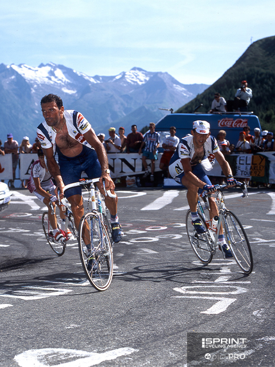 Ecco un'immagine dell'episodio narrato da Ghirotto su Bontempi e l'Alpe d'Huez nel 1992