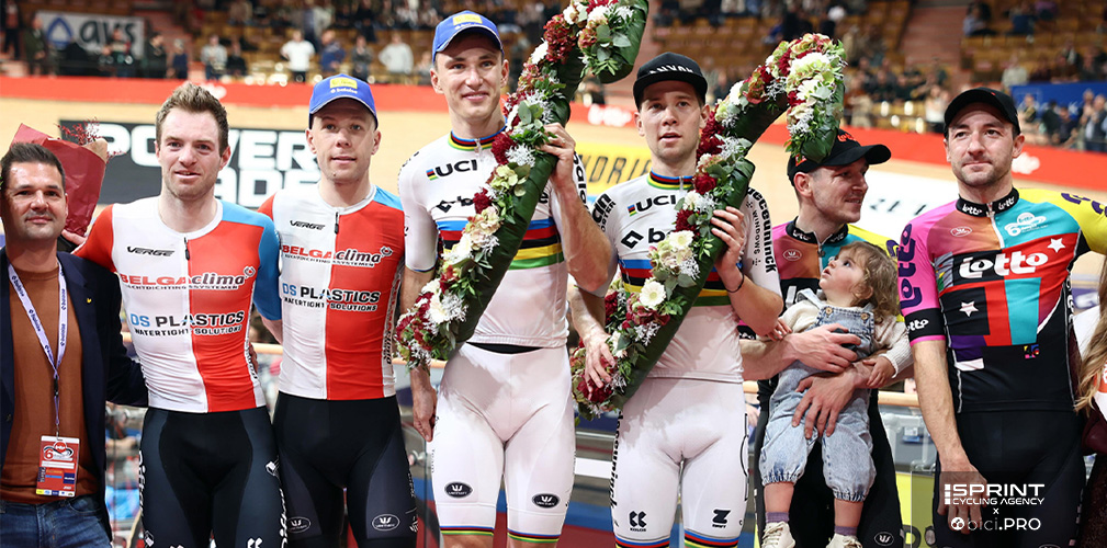 Il podio finale della 6 Giorni di Gand con Viviani a destra. Ultima gara, ultimo alloro...