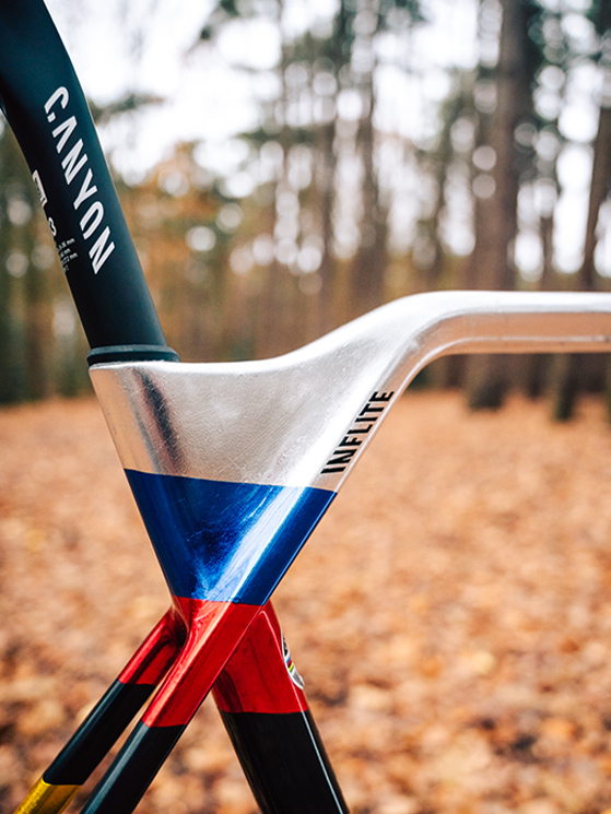 La congiunzione tra tubo orizzontale e piantone agevola il trasporto in spalla della bici