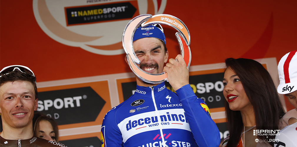 Alaphilippe sul podio della Sanremo 2019. Era il periodo d'oro del Wolfpack nelle classiche d'un giorno