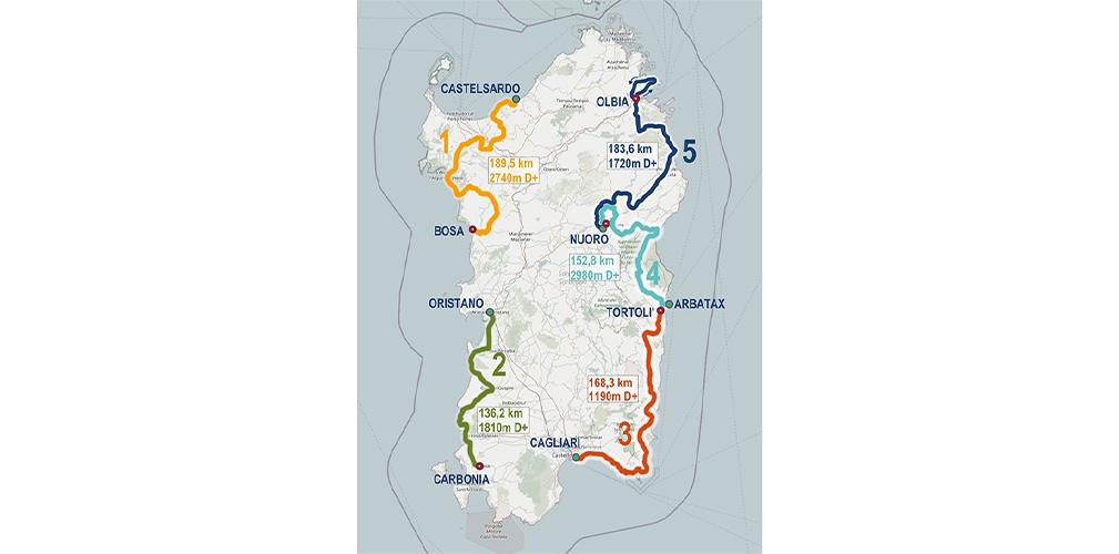 Giro di Sardegna 2026: cinque tappe dal 25 febbraio all'1 marzo per un totale di 830,4 km e 10.440 metri di dislivello