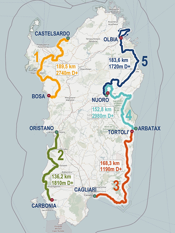 Giro di Sardegna 2026: cinque tappe dal 25 febbraio all'1 marzo per un totale di 830,4 km e 10.440 metri di dislivello