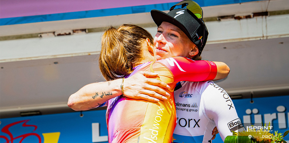 L'abbraccio con la Guarischi, per l'olandese molto più che un pilota per le volate