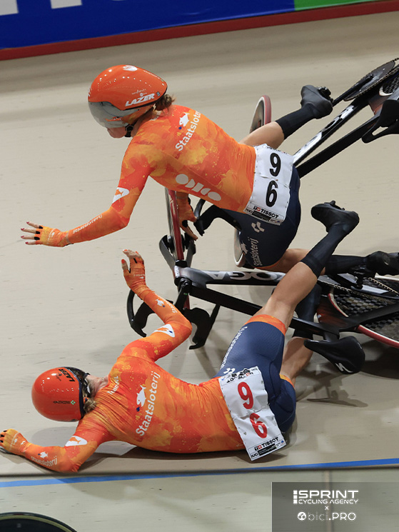 Gioie e dolori ai mondiali su pista, prima l'oro nell'omnium, poi la caduta nella madison coin la Van Belle