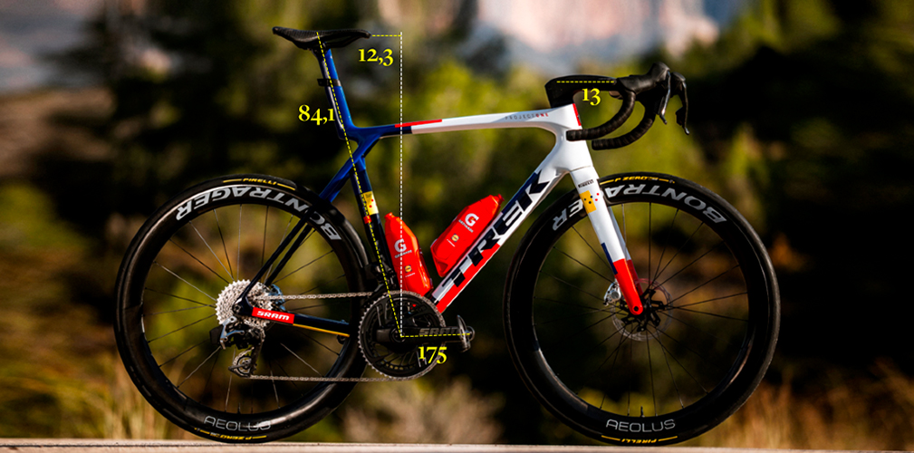 Trek Madone SLR, Il telaio di Milan è di taglia L (nel 2025 era su un XL). Oltre alle misure riportate, si segnala il manubrio 41/44