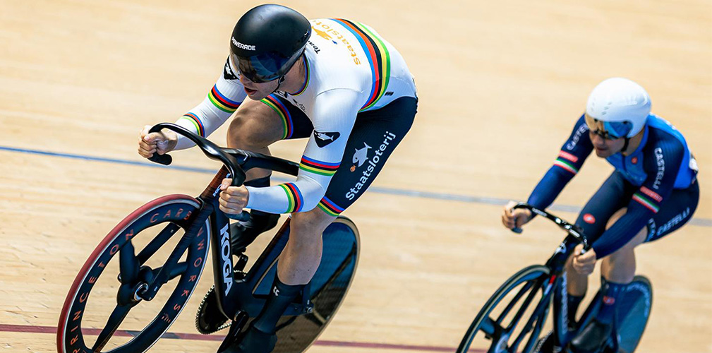 Predomo alle spalle di Lavreysen: le due sfide dei quarti sono state più lottate che in passato (foto SWPIX-Cycling)