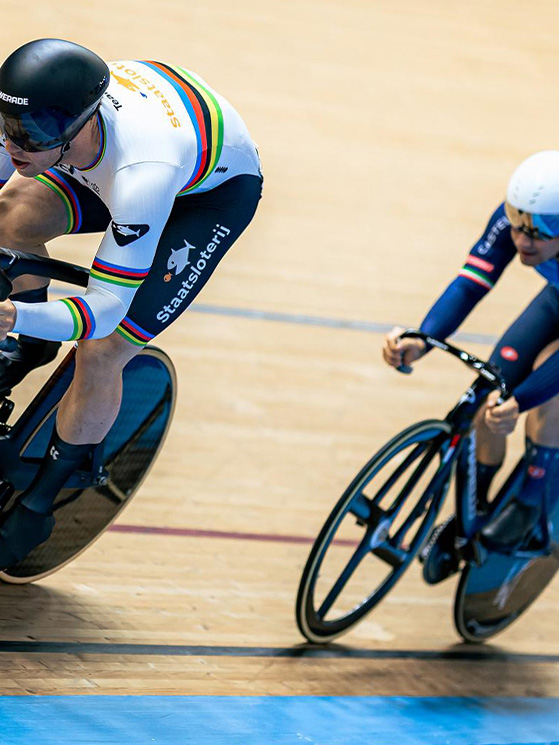 Predomo alle spalle di Lavreysen: le due sfide dei quarti sono state più lottate che in passato (foto SWPIX-Cycling)