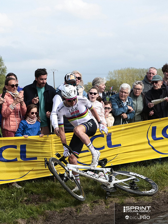 La caduta che ha contraddistinto la prima Roubaix dello sloveno. VDP era libero di volare via...