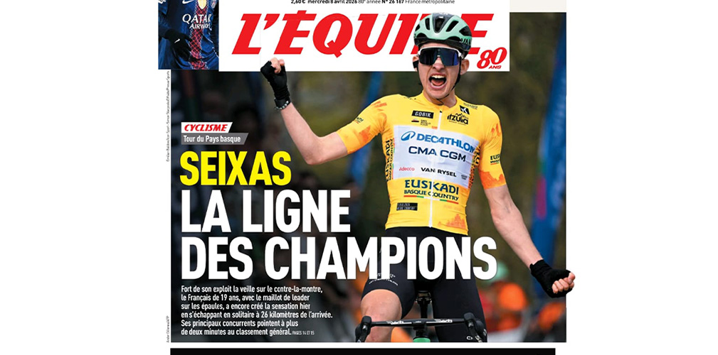 La prima pagina de L'Equipe dedicata alla vittoria di Seixas all'Itzulia Country Race