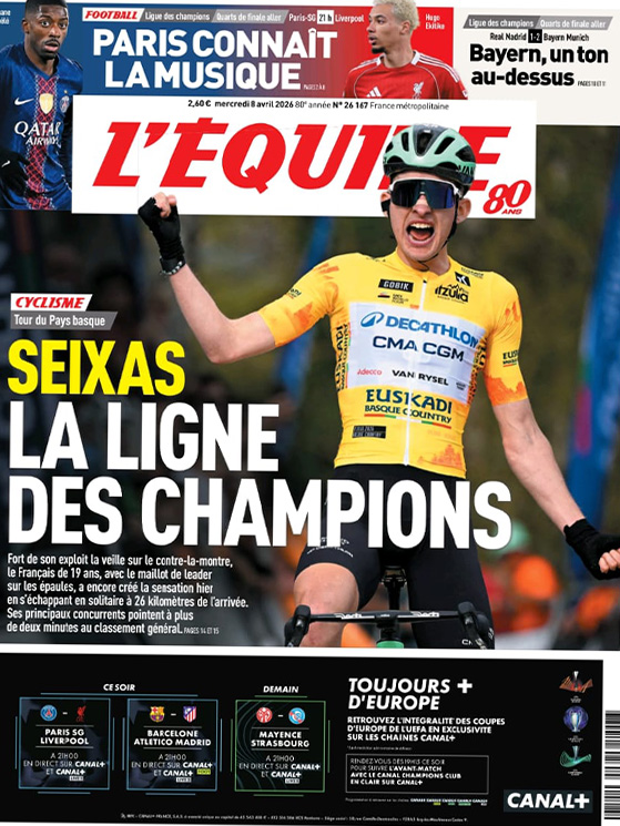 La prima pagina de L'Equipe dedicata alla vittoria di Seixas all'Itzulia Country Race