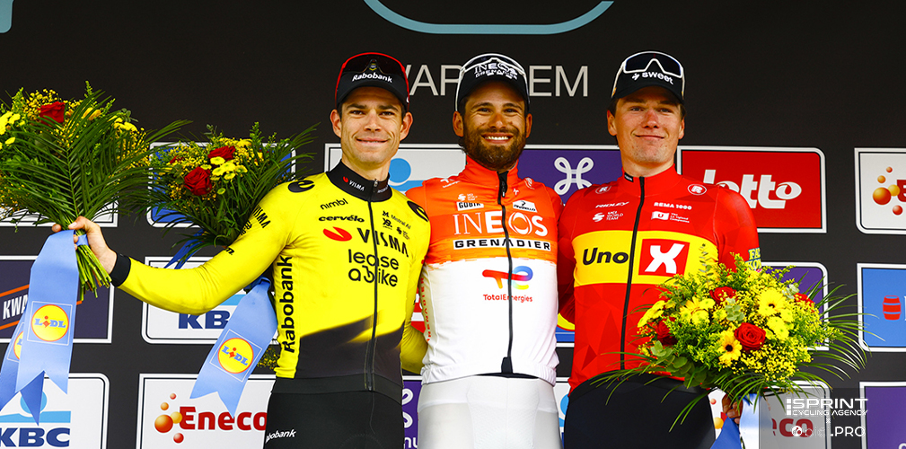 Sul palco con Ganna sono saliti Van Aert e Waerenskjold