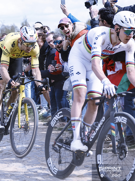 Setup diversi fra i due: ruote con prifilo differenziato anteriore-posteriore da 42-46 mm e coperture da 32 mm per Van Aert. Ruote da 56-60 mm e coperture da 35 mm per Pogacar