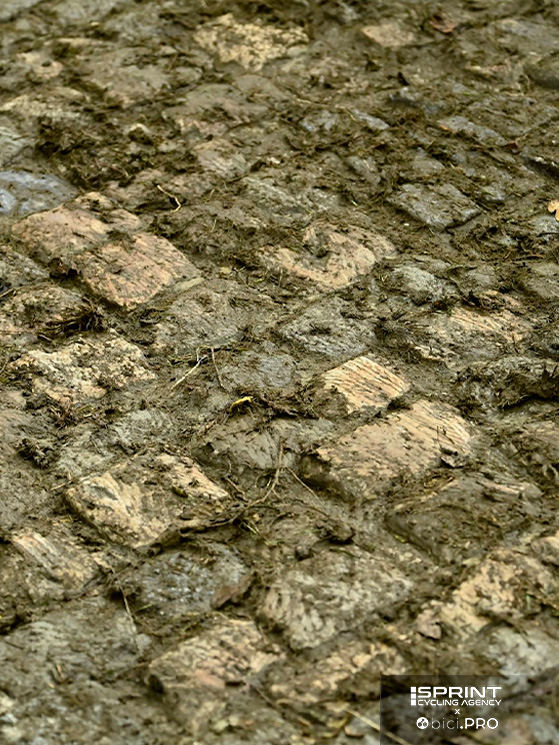 Una stradina di campagna. Il pavé del Koppenberg diventa scivoloso quando piove, per la terra che scende dalle scarpate ai lati