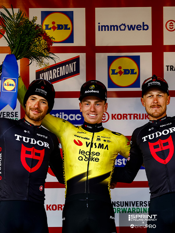 Sul podio di Kuurne per un buon inizio: Mozzato secondo dietro Brennan e prima di Trentin