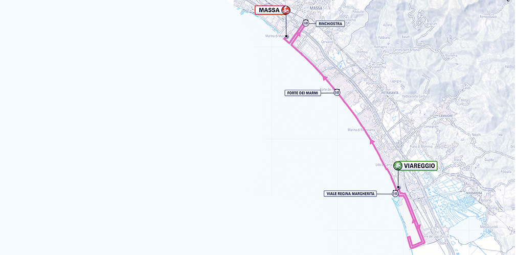 La cronometro individuale Viareggio-Massa: 42 km con poche curve e appena più di 70 m di dislivello