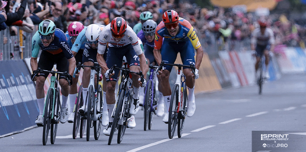 Lo sprint. Magnier ha preceduto Andresen e Vernon. Quarto Milan. Il francese ha optato pe runa corona da 56 denti e ruote con profilo differenziato 55-60 mm