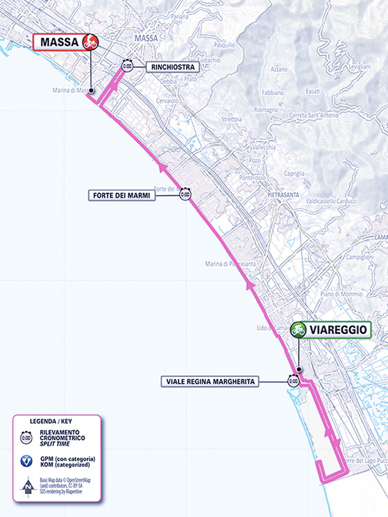 La cronometro individuale Viareggio-Massa: 42 km con poche curve e appena più di 70 m di dislivello