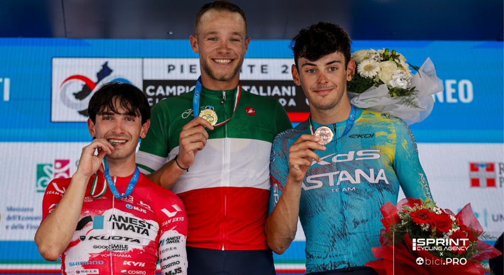 Podio campionato italiano 2026: Jonathan Milan, Tommaso Dati, Alessandro Romele