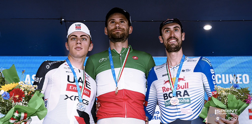 Cattaneo sul podio della crono tricolorore di ieri alle spalle di Ganna e Giaimi