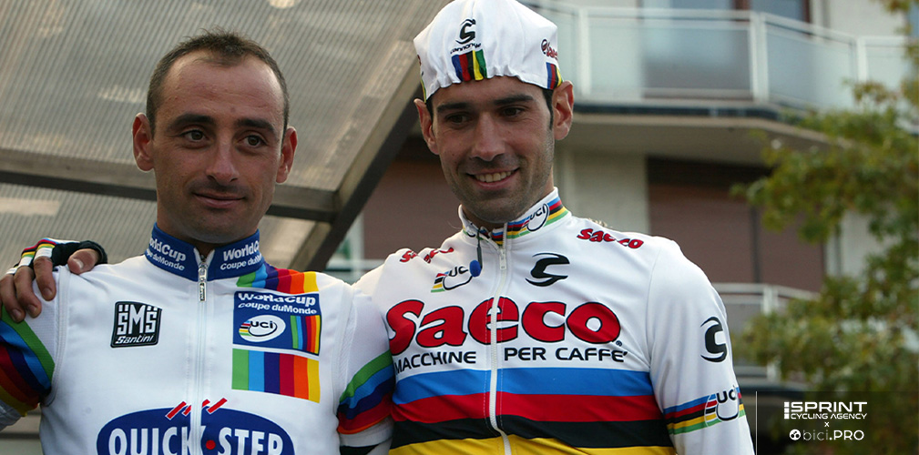 Astarloa insieme a Paolo Bettini, avversari di tante battaglie, nel 2003 uno iridato, l'altro primo in Coppa del Mondo