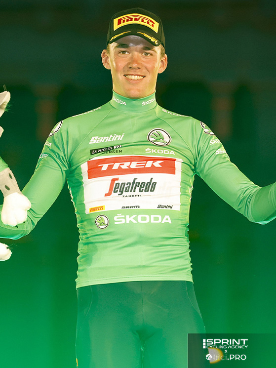 Pedersen con la maglia verde della Vuelta 2023. Nel '24 ha vinto al Giro, nel '26 al Tour