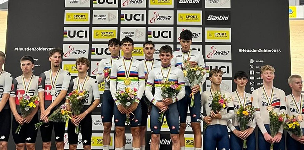 Il quartetto azzurro, iridato per il 5° anno consecutivo. A comporlo Ceccarello, Ferrari, Marangon, Padovan, Veglia (foto UCI)