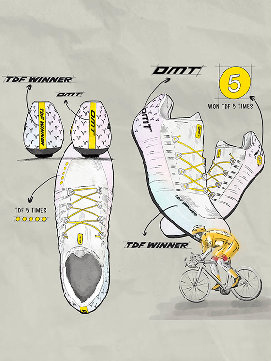 La grafica spiritosa e chiara con cui DMT ha accojmpagnato il lancio dei Pogi's Superlight TDF The 5Th