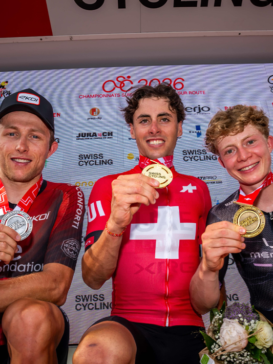 Podio campionati nazionali svizzeri elite 2026: Jan Christen, Valentin Darbellay, Melk Zumstein