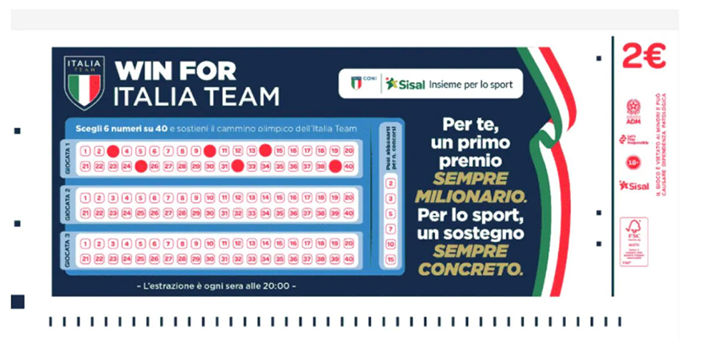 La schedina di Win for Italia Team, dove bisogna predire i 6 numeri che usciranno all'estrazione serale