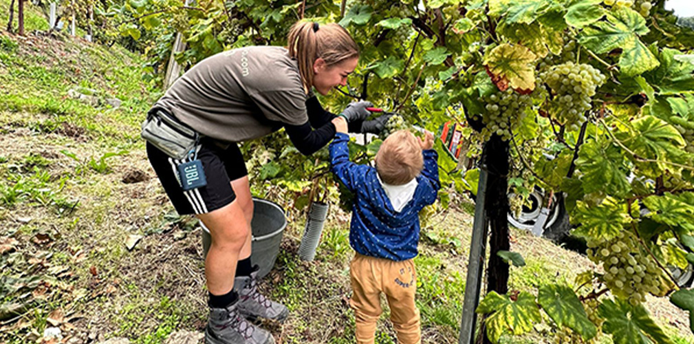 Quando è a casa a Valdobbiadene, Chiara aiuta l'azienda agricola di famiglia: nel periodo della vendemmia, alterna bici e vigna