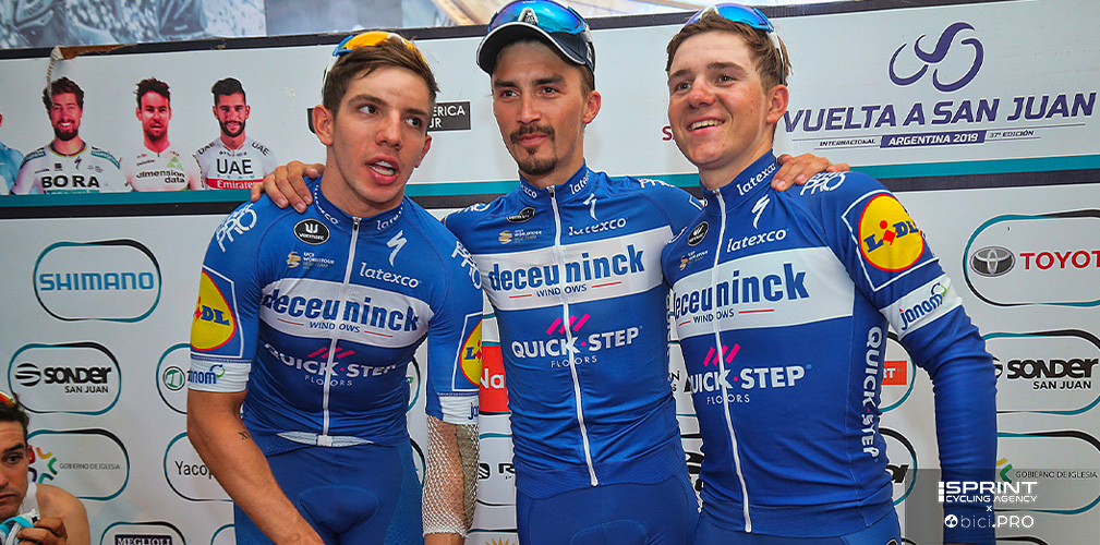 Il 2019 è l'anno del debutto fra i pro' di Remco Evenepoel, anche lui in Argentina con Bramati e Alaphilippe (e Hodeg, a sinistra)