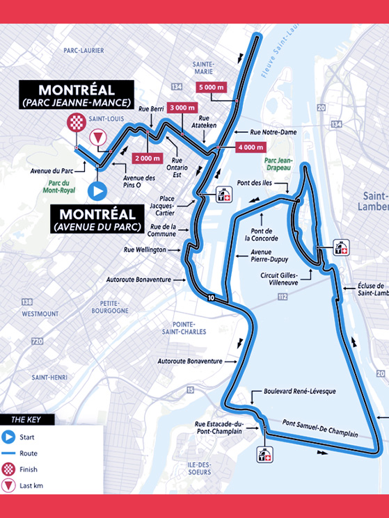 La planimetria della crono iridata di Montreal. Le curve non mancano ma si attendono velocità elevate