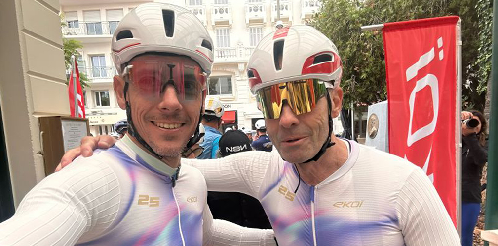 Da destra, il fondatore di EKOI Jean-Christophe Rattel con Philippe Gilbert trestimonial del brand francese